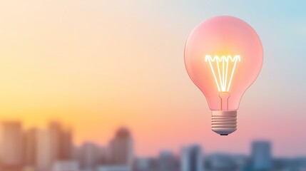 A glowing light bulb against a city backdrop.