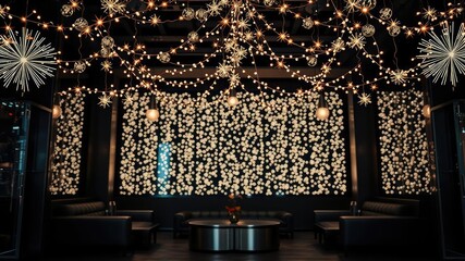 Obraz premium Twinkling festive lights suspended above a dark luxury background with sleek metallic surfaces and modern furniture, metal, holiday