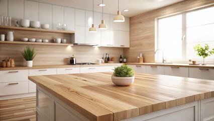 Empty Wooden Countertop Modern Kitchen Background - Product Photography Mockup