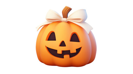 Cartoon pumpkin with a bow isolated on white or transparent background, png clipart, design element. Easy to place on any other background.