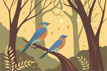  Majestic birds perched on a branch, vibrant blue and russet feathers, golden autumn leaves, magical glowing particles, soft warm light, bokeh effect, ethereal forest scene, photorealistic detail, n