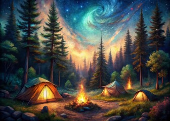 Enchanting Campfire Night: Wilderness Tents & Cozy Flames in Forest