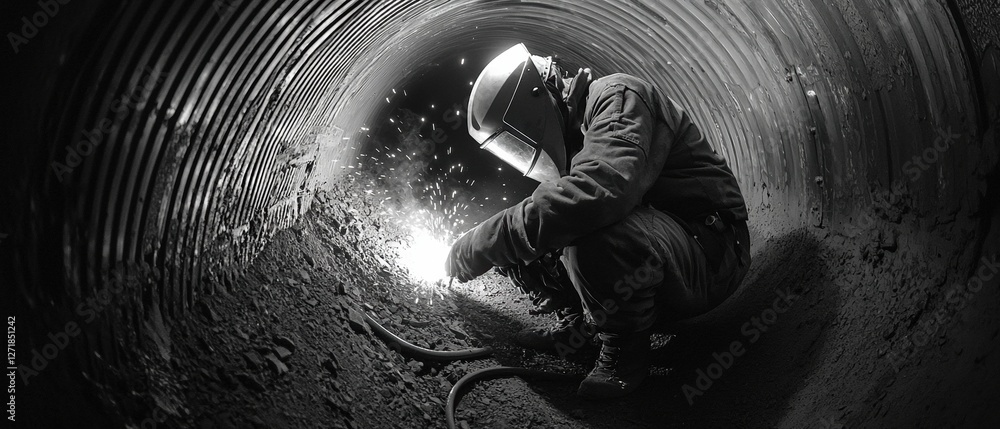 Poster a man in a protective suit is working in a tunnel