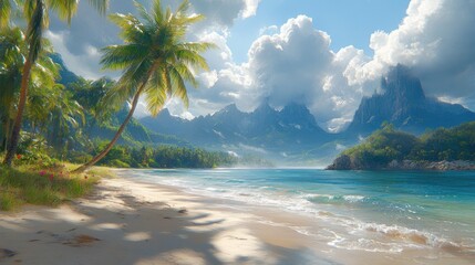 Tropical beach paradise, island mountains, sunny day, vacation