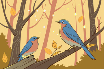  Majestic birds perched on a branch, vibrant blue and russet feathers, golden autumn leaves, magical glowing particles, soft warm light, bokeh effect, ethereal forest scene, photorealistic detail, n