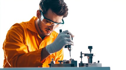 A US technician operating high-precision calibration tools, isolated on a clean white backdrop,