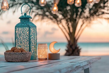  Elegant Ramadan table decor with lanterns, candles, crescent moon ornaments, and traditional sweets, warm and inviting festive atmosphere, Islamic celebration