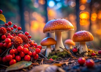 Enchanting Forest Floor: Mushrooms, Acorn, and Rowan Berries in Low Light