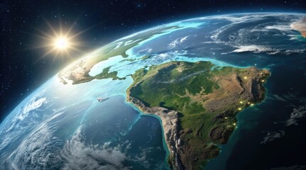 Stunning aerial view of Earth illuminated by the sun in a cosmic backdrop showcasing the planet's beauty.