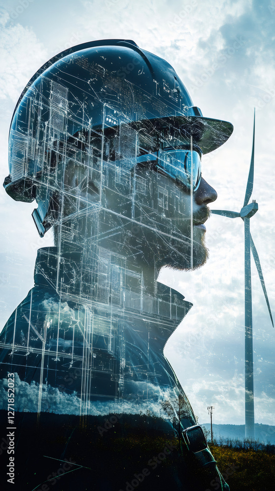 Poster architect wearing augmented reality goggles and hardhat planning sustainable building project with w