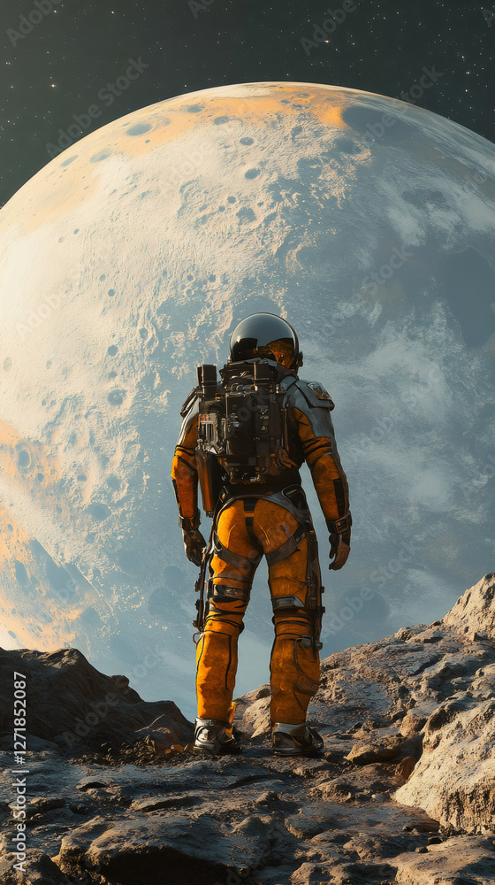 Poster astronaut exploring a new planet, observing a giant celestial body in the sky, space exploration and