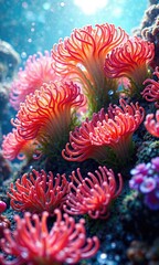 Obraz premium Vibrant sea anemones waving in the ocean current, ocean ecosystem, colorful fish, underwater scene