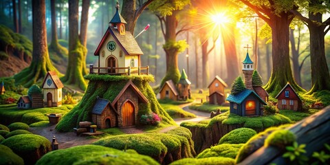 Obraz premium Enchanting Miniature Village nestled within a Giant Tree Stump - Fantasy Landscape