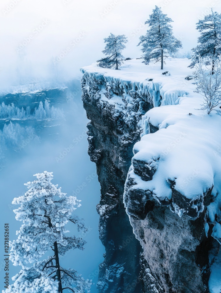 Wall mural snow-covered cliff with tree