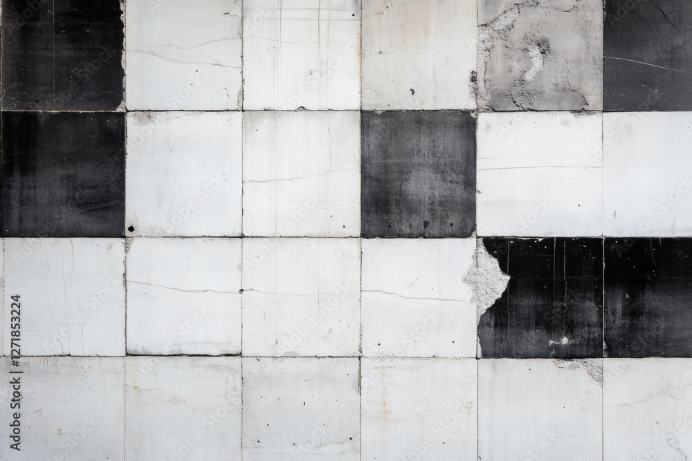Poster intricate black and white tile pattern showcasing texture and aging details. generative ai
