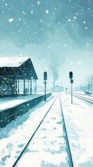 Fototapeta premium Snowy train station with tracks leading to industrial buildings