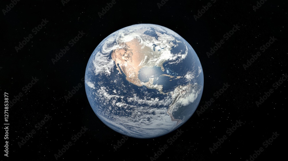 Poster earth rotating in space with north and central america visible, surrounded by a breathtaking view of
