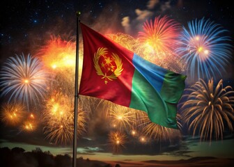 Eritrea Flag Silhouette Against Majestic Fireworks and Night Sky