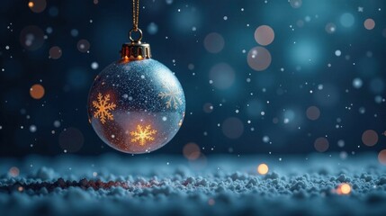 A Festive Blue Ornament Dangles Above a Snowy Surface, Illuminated by a Gentle Glow, Evoking the Spirit of Winter Holidays