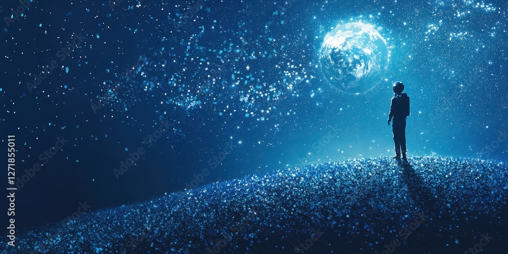 Poster astronaut contemplates a shining celestial object within starry space