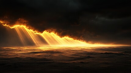 Golden rays piercing dark clouds over a vast landscape