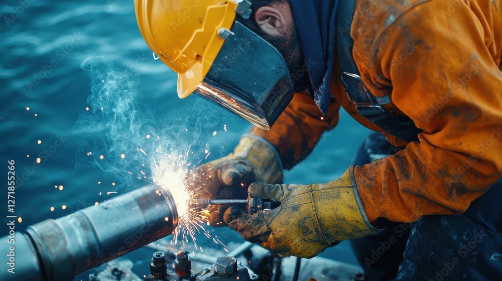 Poster a man in a yellow helmet and orange jacket is working on a pipe