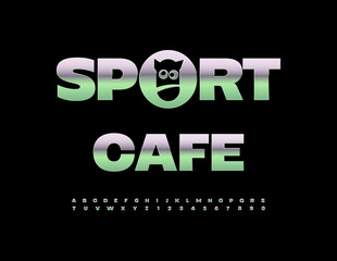 Vector Silver sign Sport Cafe with Metallic Emblem. Reflective Steel Font. Chrome Alphabet Letters and Numbers set.