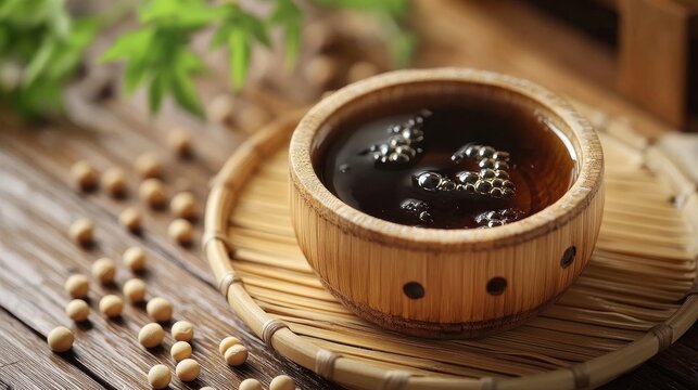 tamari in a bamboo saucer on a rustic wooden table with soybeans scattered around