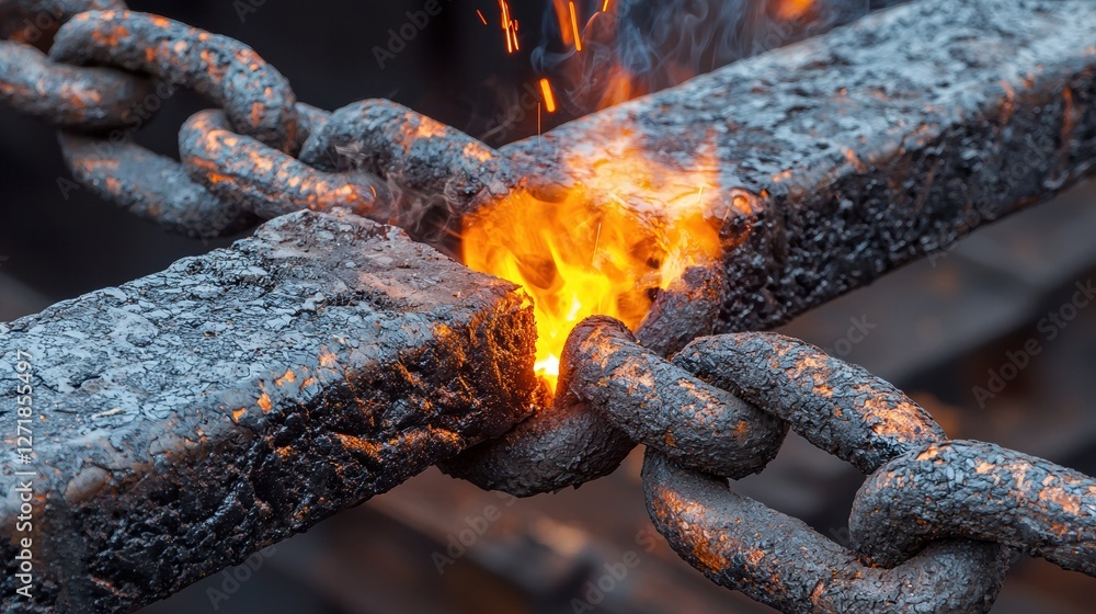 Poster a chain is being welded together with a fire in the middle