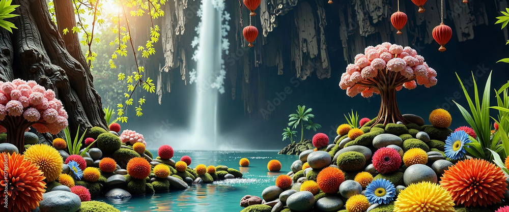 Poster a colorful scene of a waterfall with a tree in the foreground. the waterfall is surrounded by a lush