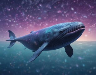 Naklejka premium Whimsical illustration of a sperm whale swimming elegantly in mid-air surrounded by iridescent specks, air, mid-air, iridescent, elegant, illustration