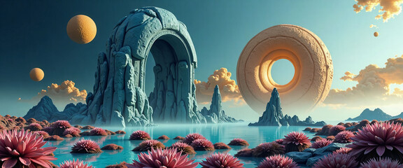 A colorful, surreal landscape with a large, orange circle and a large, blue circle. The blue circle is surrounded by pink flowers and the orange circle is surrounded by pink flowers as well