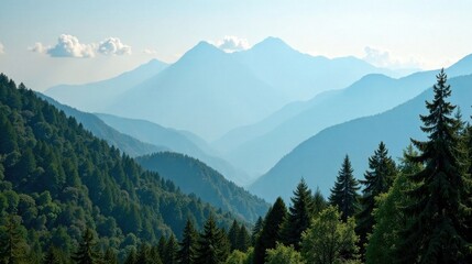 Fototapeta premium Serene Vista of Verdant Slopes and Distant Mountain Ranges Under a Pale Sky
