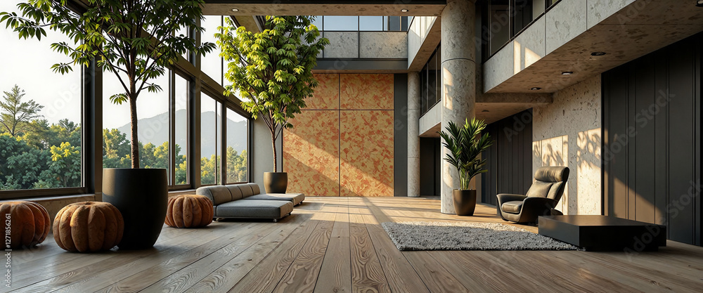 Poster a large open room with a wooden floor and a large tree in the middle. the room is filled with potted