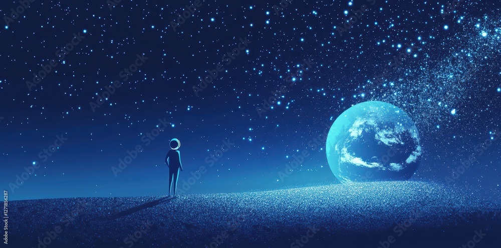 Poster astronaut standing before a surreal planet on a starry field