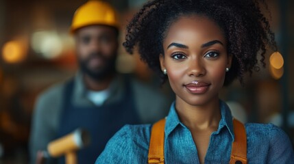Confident woman in denim shirt and wooden tool looks at the camera with male colleague in background at a workshop in the late afternoon
