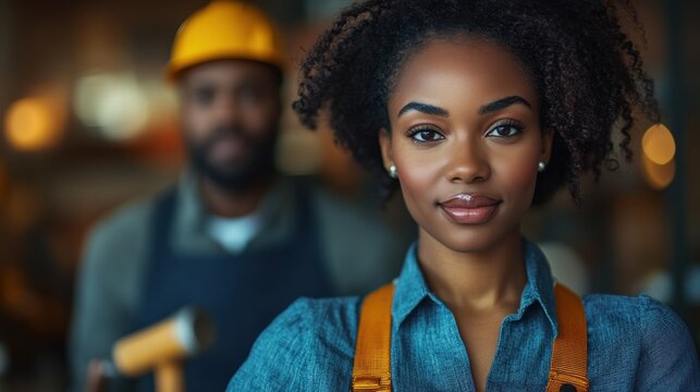 Confident woman in denim shirt and wooden tool looks at the camera with male colleague in background at a workshop in the late afternoon