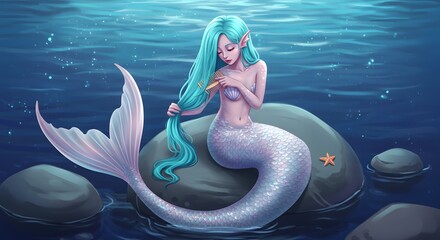 Fototapeta premium Mermaid Combing Her Hair Sitting on a Rock in the Ocean