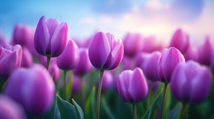 Obraz premium Vibrant purple tulips bloom under a clear sky at dawn in a picturesque garden showcasing nature's beauty