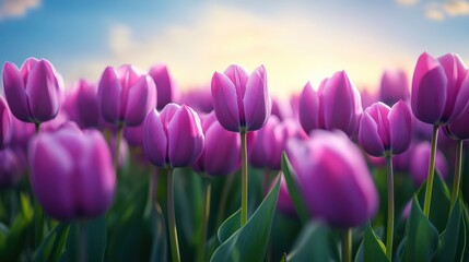 Obraz premium Vibrant pink tulips blooming in a field at sunset creating a stunning floral landscape with colorful skies
