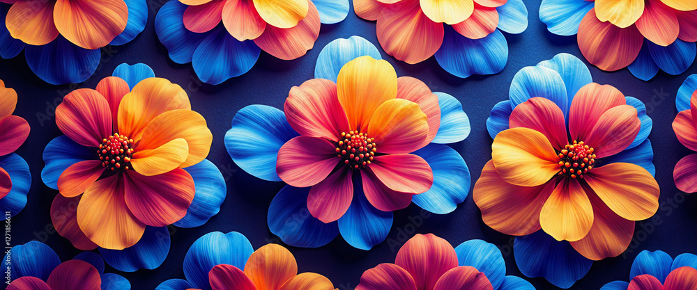 Poster a colorful floral pattern with many different colored flowers. the flowers are arranged in a way tha