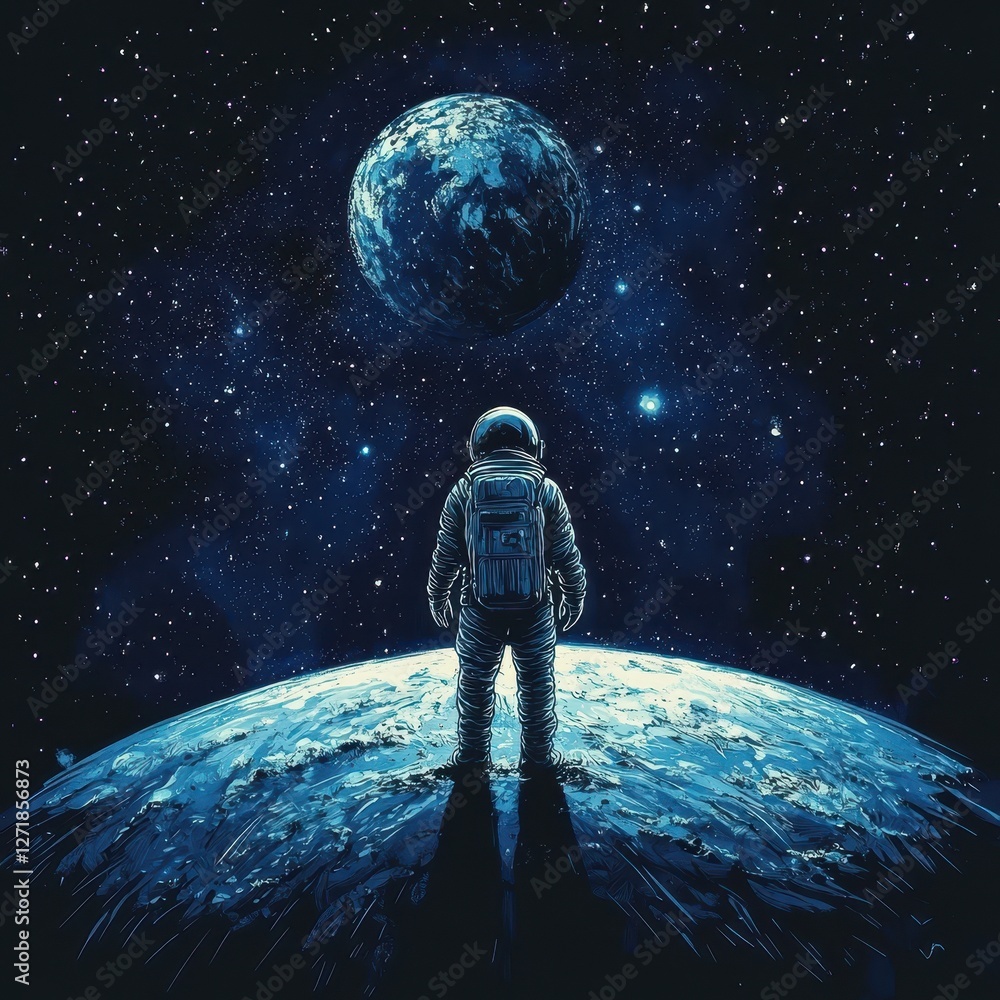 Poster astronaut standing on a planet looking at another planet