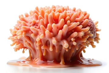Coral polyp covered in dripping slime, isolated against a white background, scientific, water droplets, coral polyp, biological, underwater scene