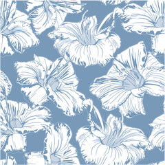 Vector seamless graphic tropical hibiscus flowers in blue colors. Summer. Fresh graphic floral background.