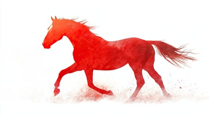 Red horse in backlit silhouette, trotting freely.