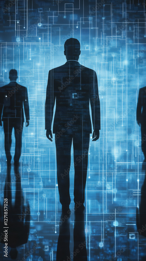 Fototapete silhouettes of businessmen walking towards a bright digital world made of binary code and connection
