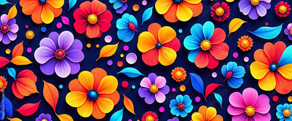 Poster a colorful floral pattern with many different colored flowers. the flowers are arranged in a way tha