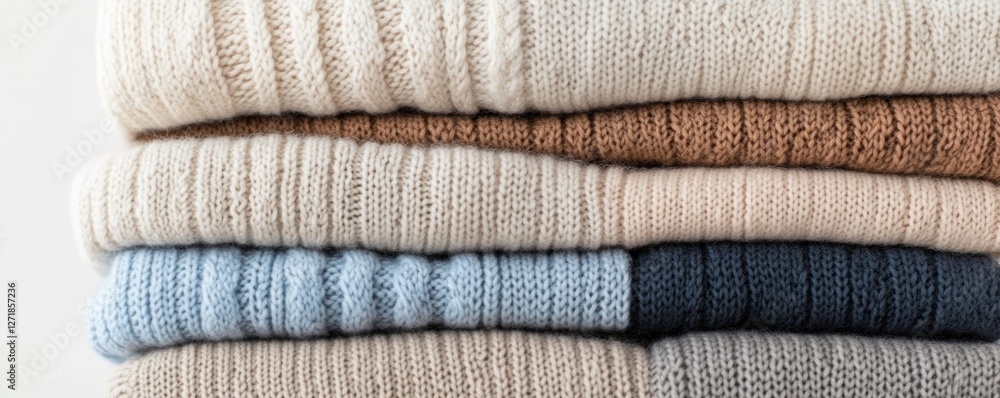 Poster a stack of neatly arranged knitted sweaters in various light colors features intricate cable pattern