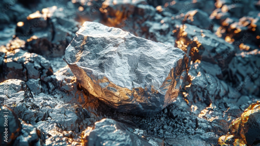 Aufkleber A prominent metallic rock sits vividly on a rugged surface, reflecting light with intricate textures and shiny surfaces that create an eye catching contrast.