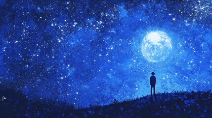 Obraz premium A solitary figure gazes upon the radiant moon and stars